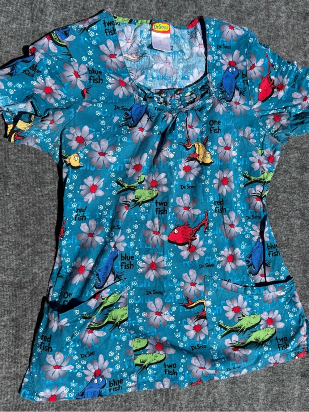 Dr. Seuss Teal Floral One Fish Two Fish Scrub Top